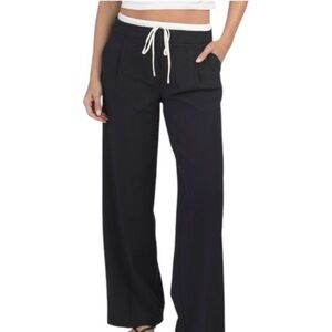 Belle Vere Wide Leg Contrast Waist Drawstring Trousers Black Tailored Pants 6